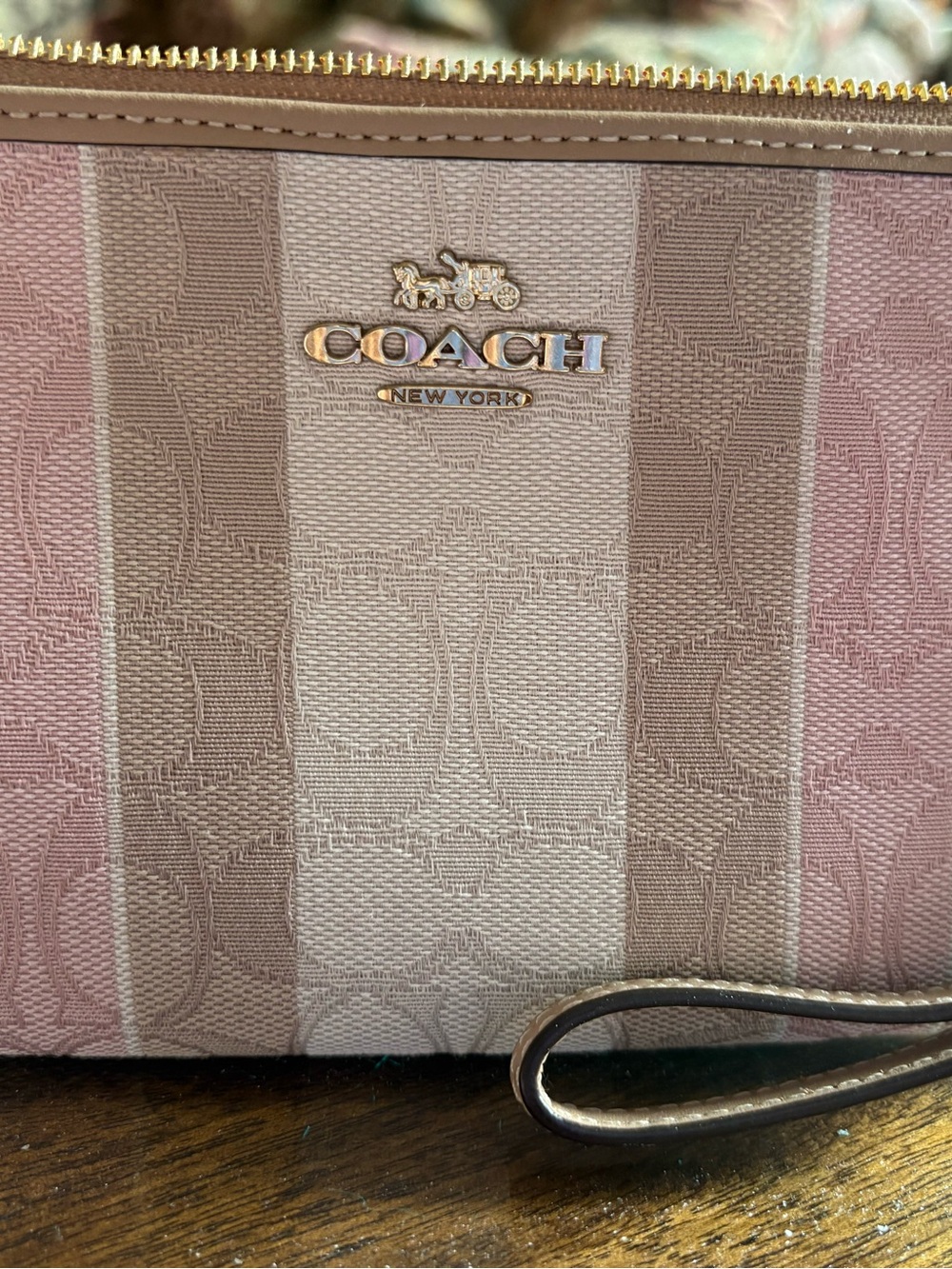 Coach Pink and Beige Signature Stripe Wristlet